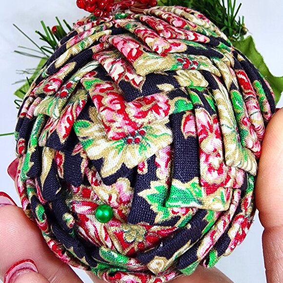 VTG Huge Handmade Herringbone Cloth Navy Pink Gold Christmas Holiday Ornament - Picture 11 of 12